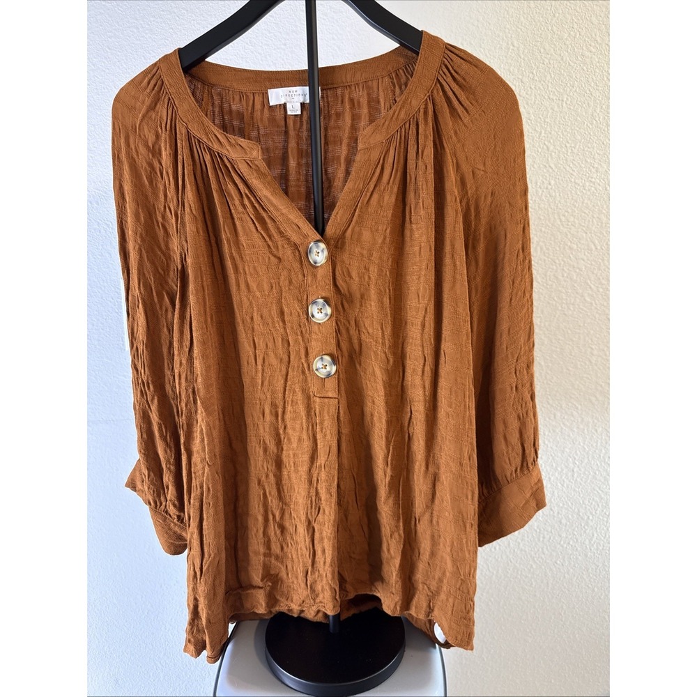 New Directions Women's Henley 3/4 Sleeve Blouse‎ Orange Size L
